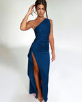 Women's Sexy One Shoulder Satin High Split Cocktail Fit Wedding Party Maxi Formal Dress