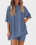 Summer Casual Crewneck Split-Hem Lounge Set with Pockets